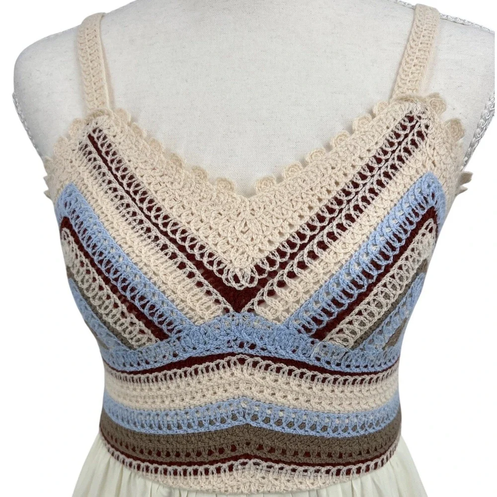 Cider Crochet Bodice Midi Dress Cream Boho Tiered Festival Summer Farmers Market
